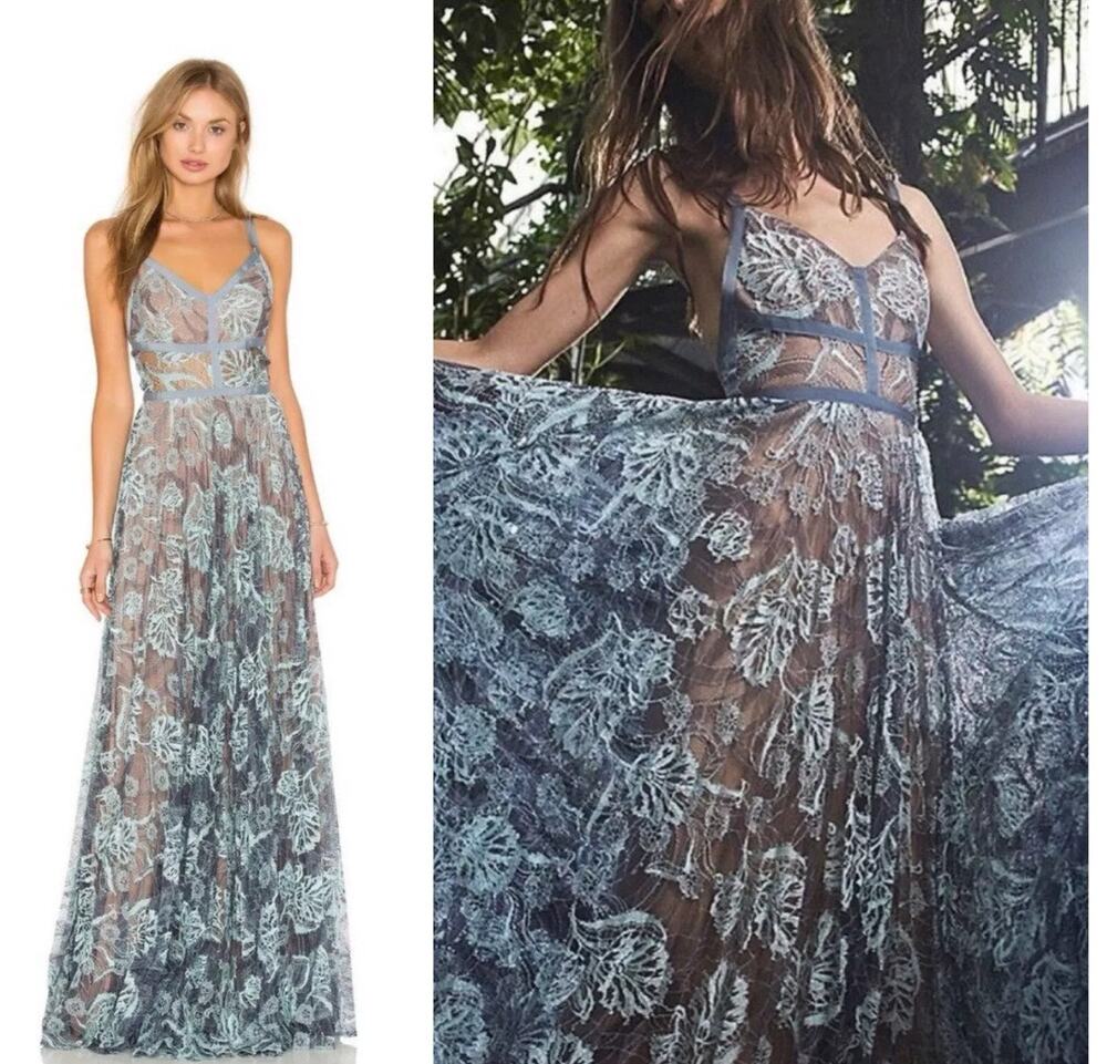ALEXIS Isabella Blue Floral Lace Illusion Maxi Gown Dress Small